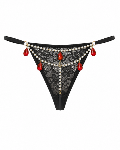 Sexy Lace Pearl Chain Red Rhinestone Thong