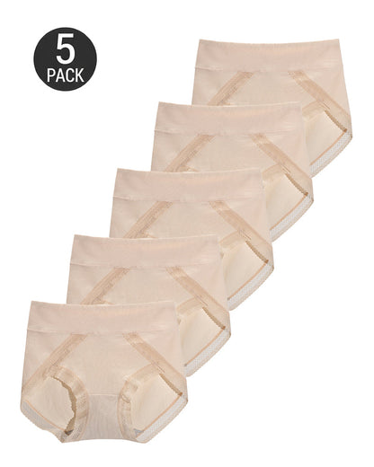 5-Pack Pure Cotton Lace Trim Breathable Tummy Control Panties