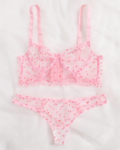 Sexy Heart Print Sheer Mesh Two-Piece Lingerie Set