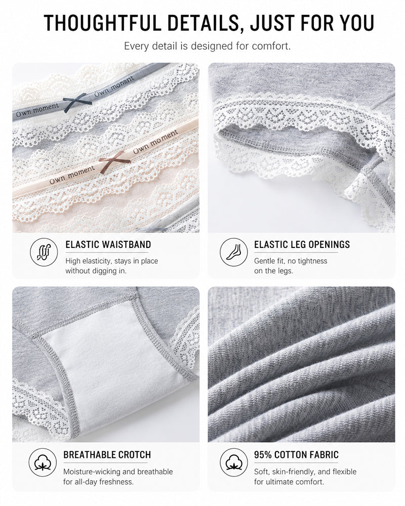 5-Pack Pure Cotton Lace Trim Antibacterial Panties