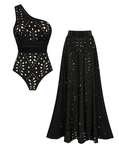 Black One-Shoulder Tummy Control Laser-Cut Floral Swimsuit Set