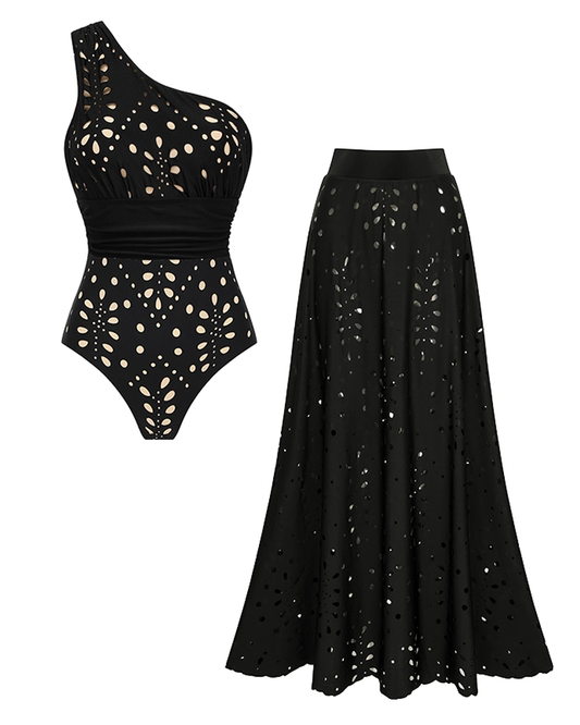 Black One-Shoulder Tummy Control Laser-Cut Floral Swimsuit Set