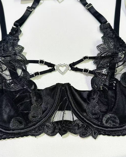 Sexy Embroidered Cutout Rhinestone Heart Halter Lingerie Set