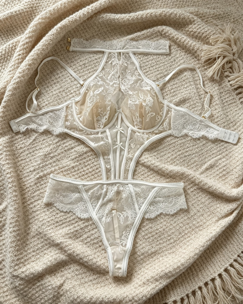 Sexy Embroidered Mesh Underwire Backless Bodysuit
