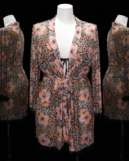 Floral Leopard Print Sheer Bikini & Robe Lingerie Set