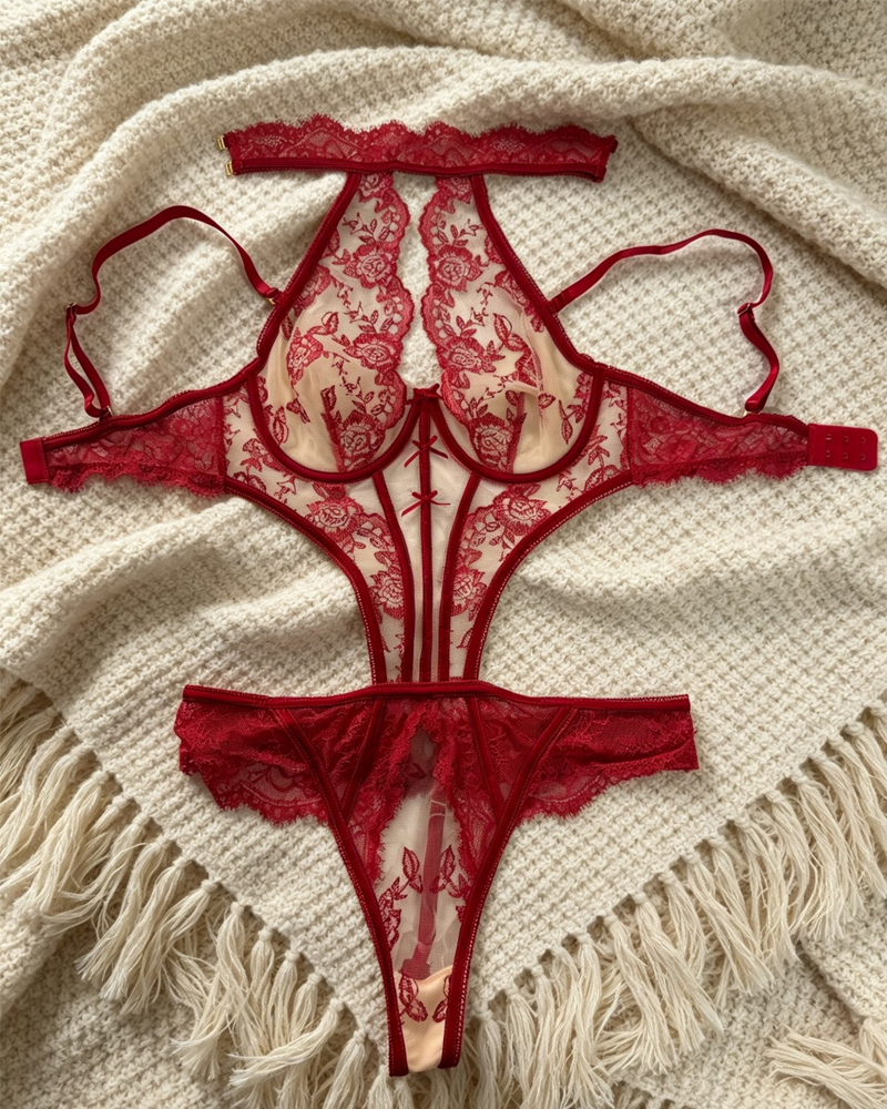 Sexy Embroidered Mesh Underwire Backless Bodysuit