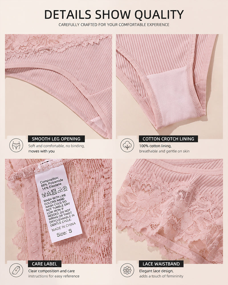 4-Pack Sexy Lace Trim Ribbed Cotton Panties