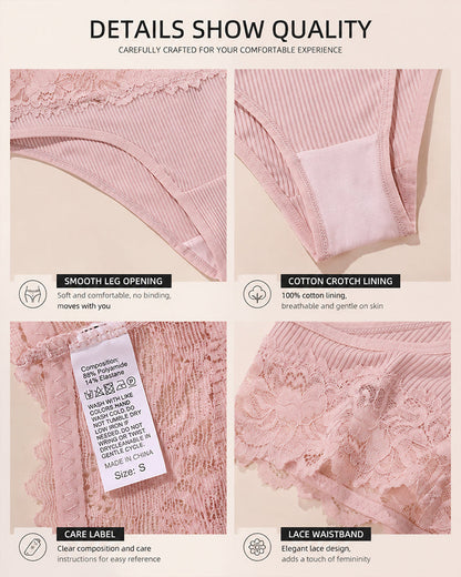 4-Pack Sexy Lace Trim Ribbed Cotton Panties