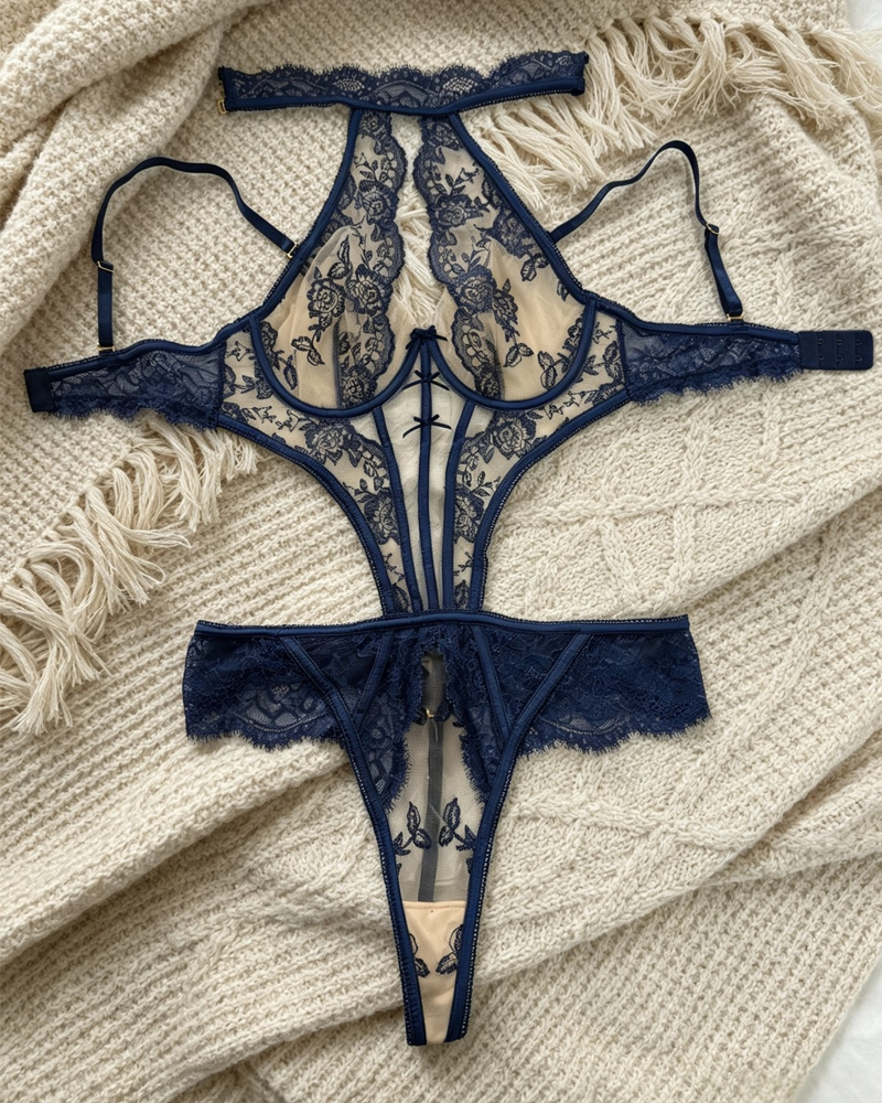Sexy Embroidered Mesh Underwire Backless Bodysuit