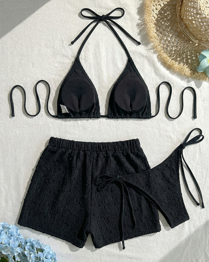 Minimalist Solid Halter Bikini Set with Shorts