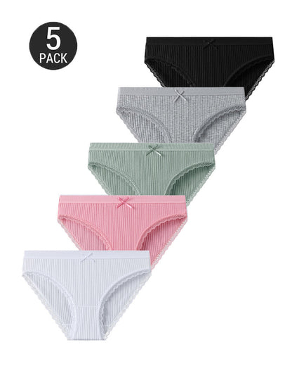 5-Pack Cotton Breathable Stretchy Bow Lace-trimmed Briefs