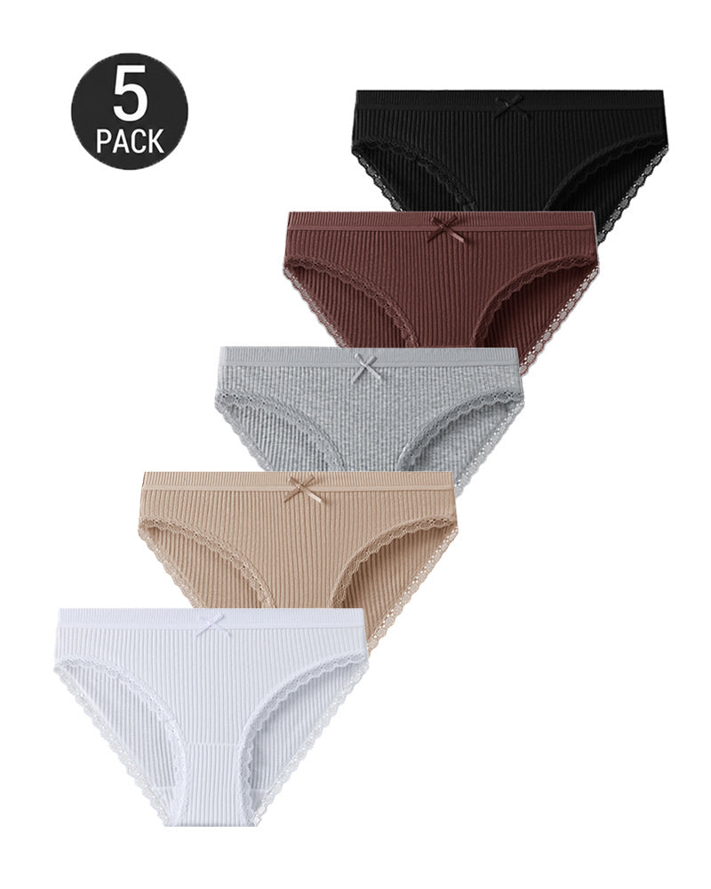 5-Pack Cotton Breathable Stretchy Bow Lace-trimmed Briefs