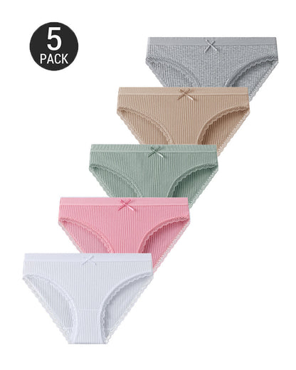 5-Pack Cotton Breathable Stretchy Bow Lace-trimmed Briefs