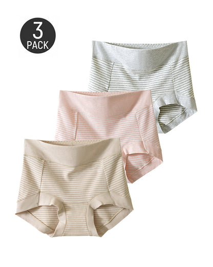 3-Pack Pure Cotton High Waist Tummy Control Striped Briefs