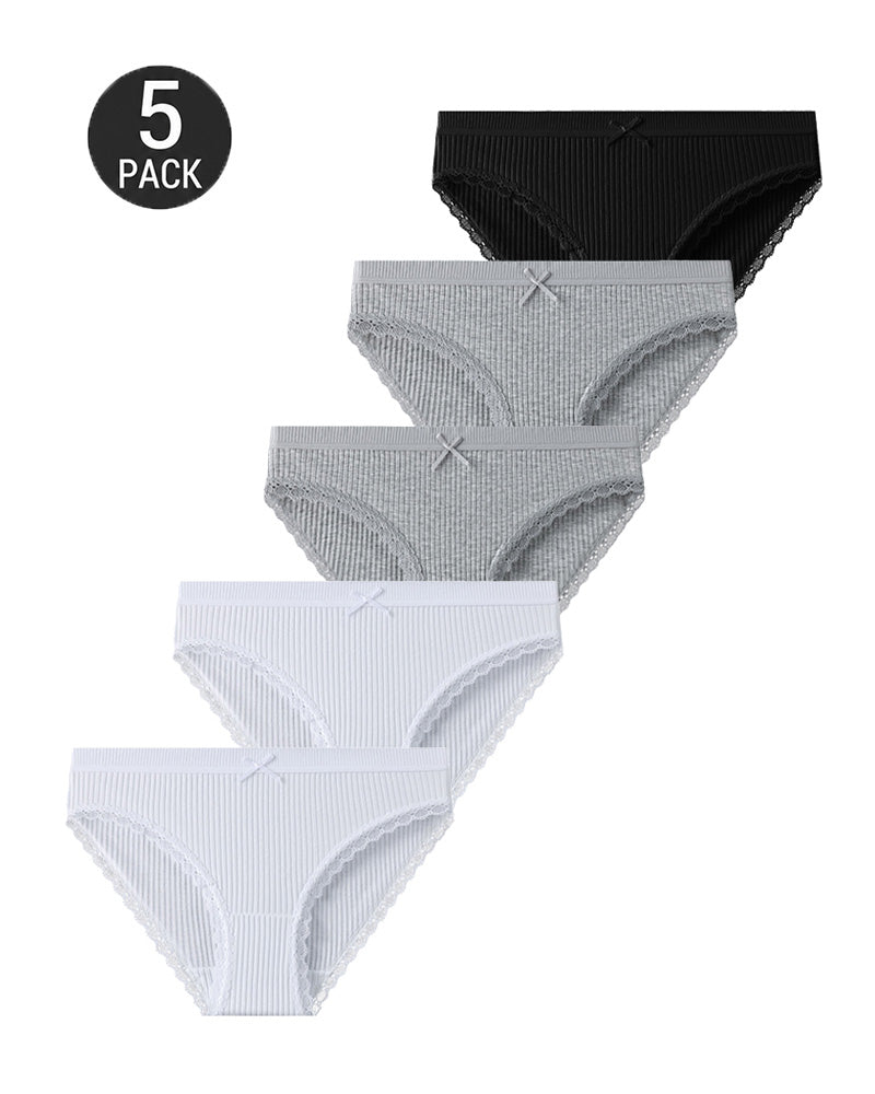 5-Pack Cotton Breathable Stretchy Bow Lace-trimmed Briefs