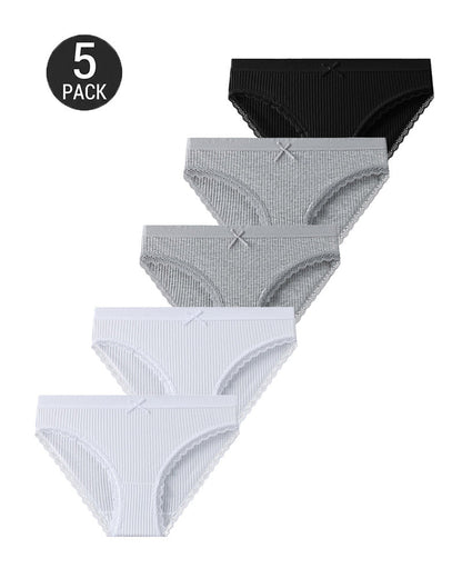5-Pack Cotton Breathable Stretchy Bow Lace-trimmed Briefs