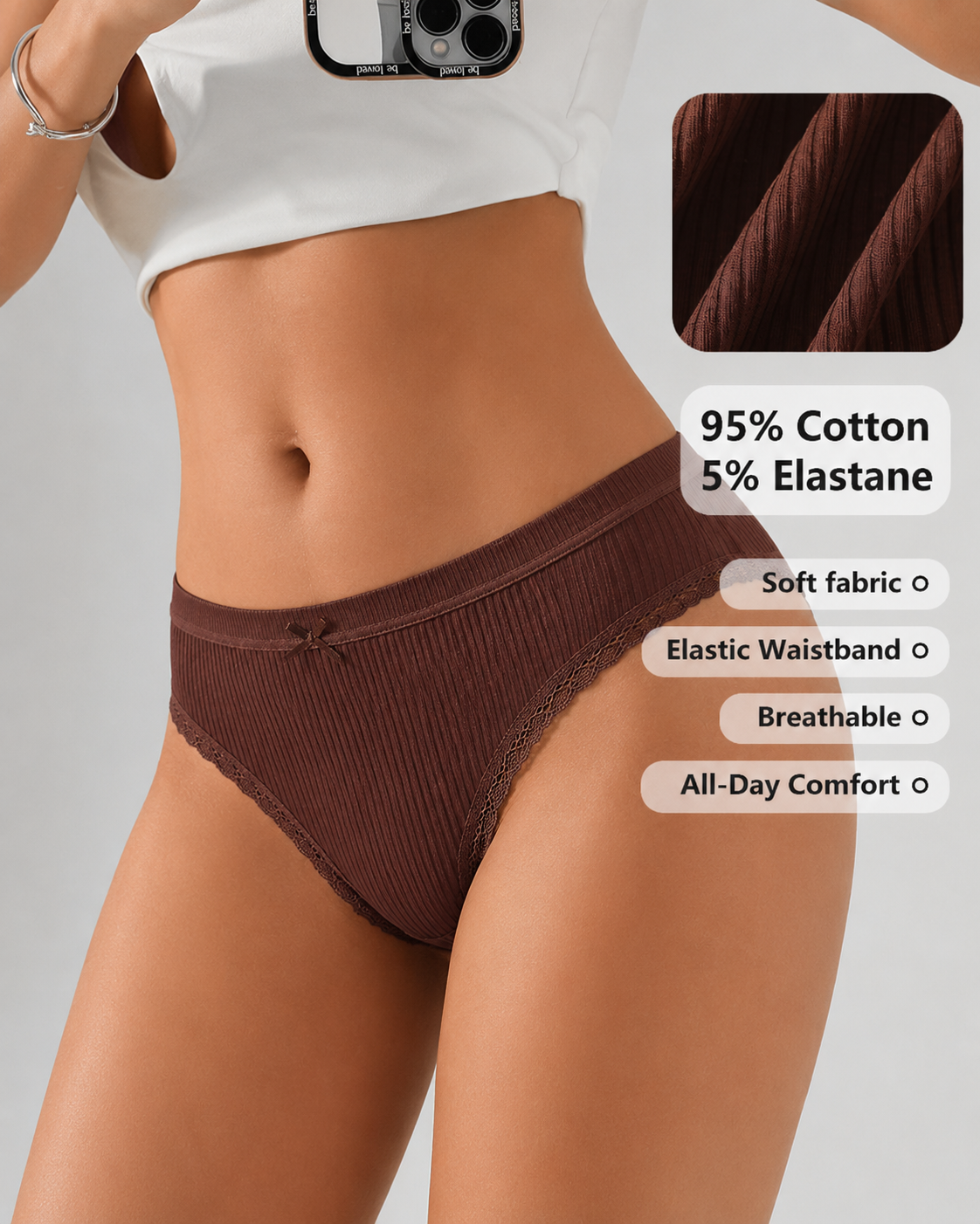 5-Pack Cotton Breathable Stretchy Bow Lace-trimmed Briefs