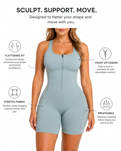 Front Zipper SaunaSculpt Compression with Pockets Shaping Bodysuit