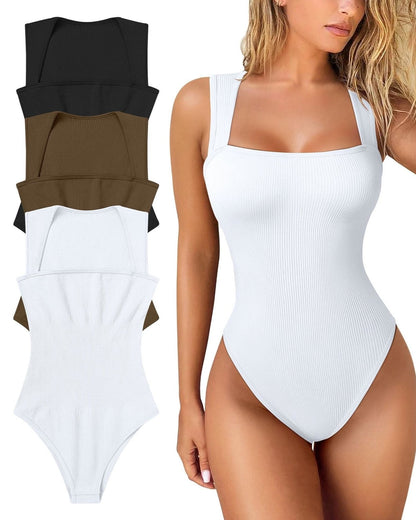 Women's Square Neck Sleeveless Knit Ribbed Vest Bodysuit