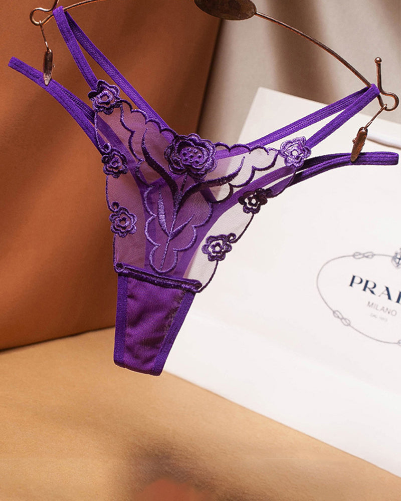 Rose Embroidery Thong Mesh Panties
