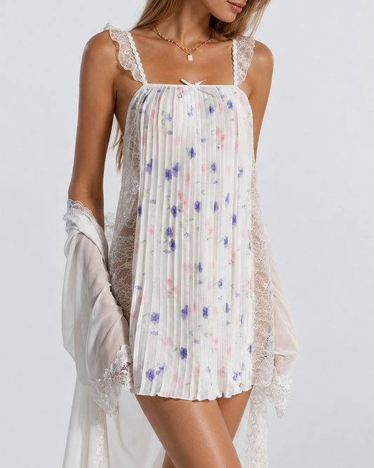 Sweet Ruffle Strap Pleated Sheer Lace Babydoll Nightdress