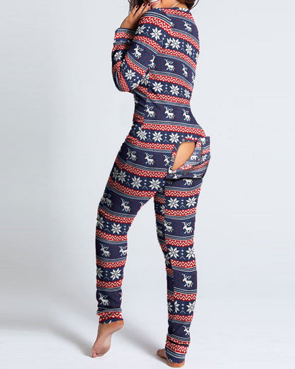 Christmas Deep V-neck Long-sleeved Back Button Closure Jumpsuit PJajama
