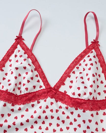 V-neck Heart-print Lace Trim Colorblock Camisole and Shorts Set