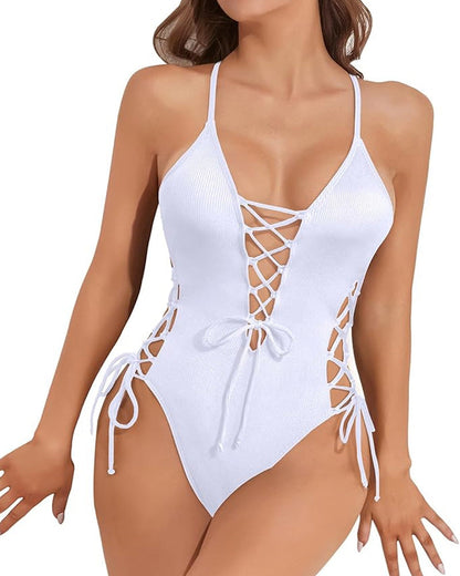 Women's Sexy Backless Deep V-Neck Cross Strap Solid Color One-Piece Swimsuit