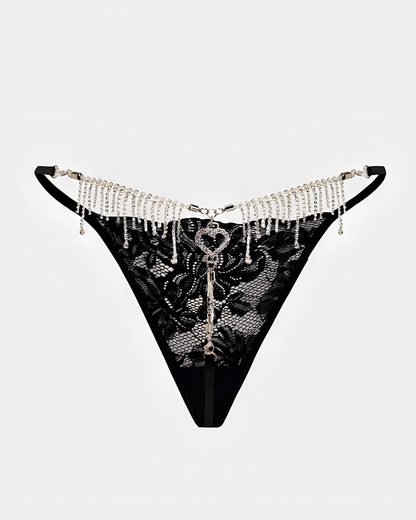 Sexy Sheer Lace Rhinestone Fringe Heart Thong