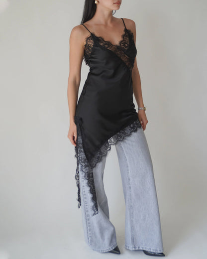 Sexy V-neck Ice Silk Lace Patchwork Asymmetrical Casual Suspender Mini Dress