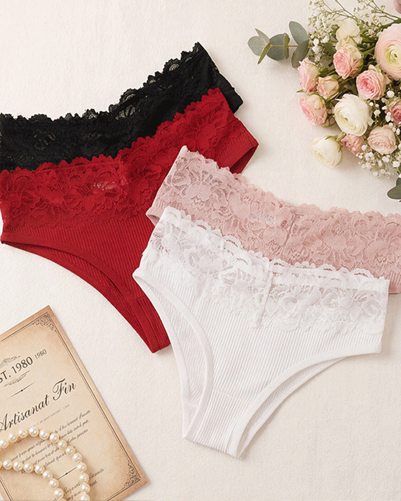 4-Pack Sexy Lace Trim Ribbed Cotton Panties