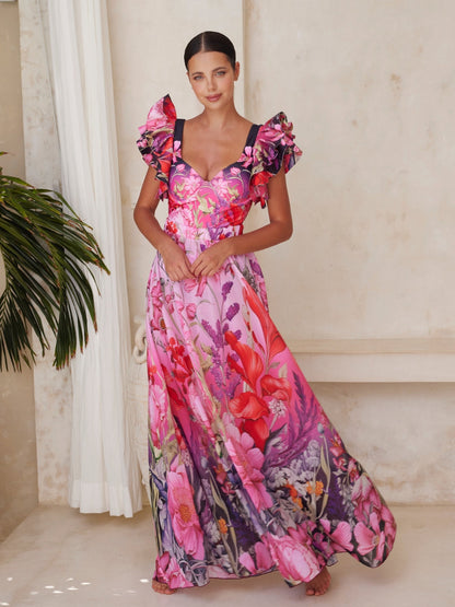 Ruffled Blooming Flowers Print One Piece Swimsuit and Sarong
