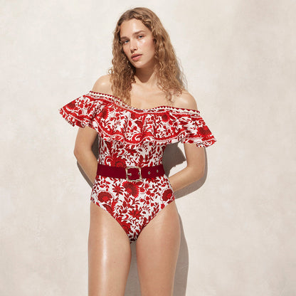 Bandeau Ruffled Red Flower Silhouette Print One Piece Swimsuit and Skirt