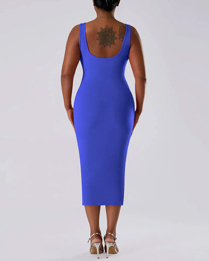 Solid Color Sleeveless Waist and Hip Lifting Long Dress With Built In Shapewear