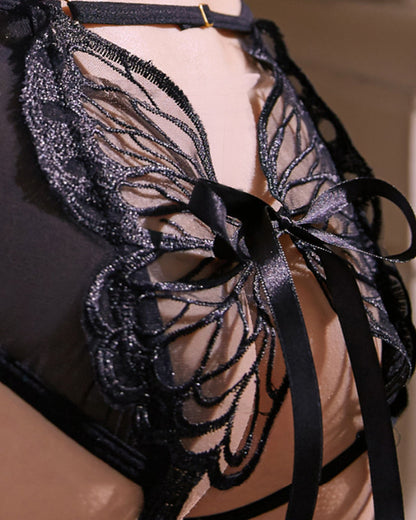 Butterfly Tie-up Hollow Lace Mesh Sheer Sexy Open-crotch Panties