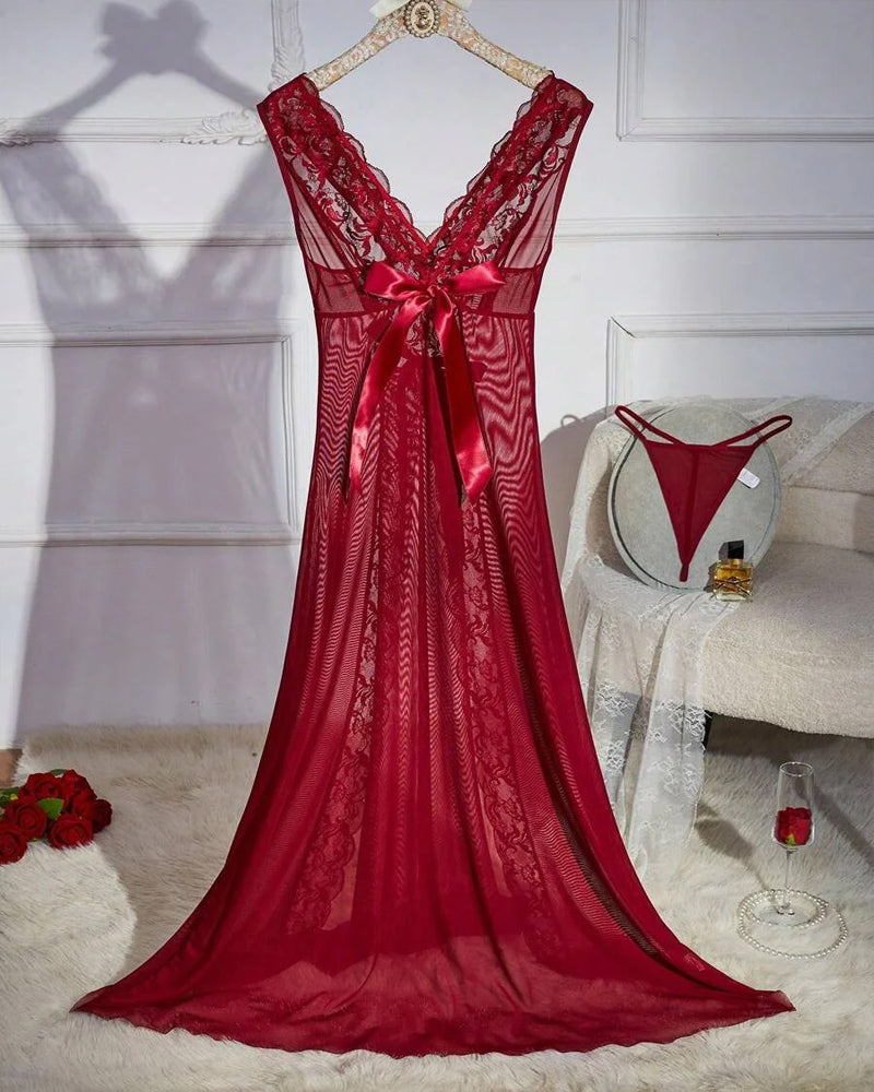 Sexy Deep V-neck High Slit Lace See-through Long Nightgown