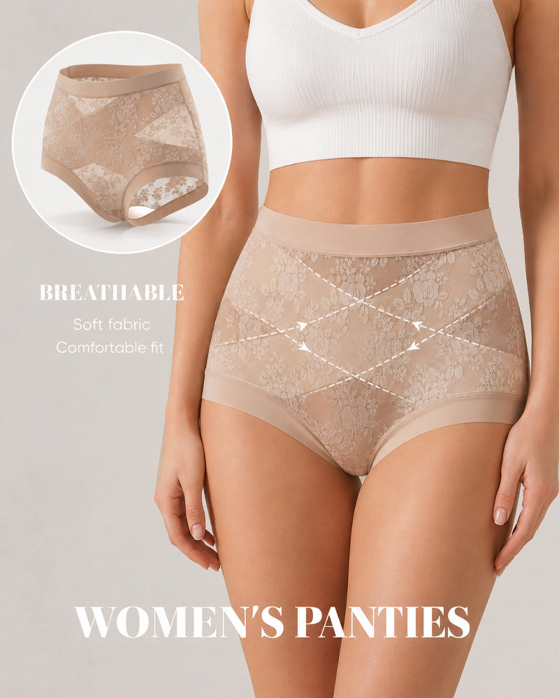4-Pack High Waist Front Crossover Floral Lace Breathable Panties