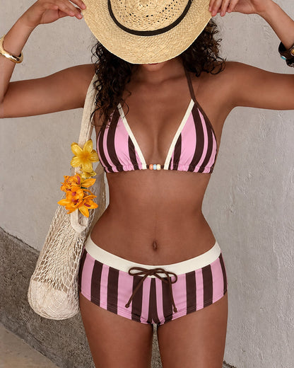 Beach Colorblock Striped Print Bikini Set