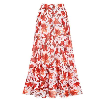 V Neck Lace Up Printed One Piece Swimsuit and Skirt