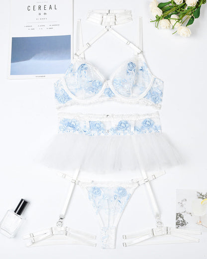 Floral Embroidery Mesh Patchwork Halter Neck Sexy Lingerie Set