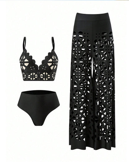 Deep V Neck Cutout Bikini Swimsuit and Wide-leg Pants