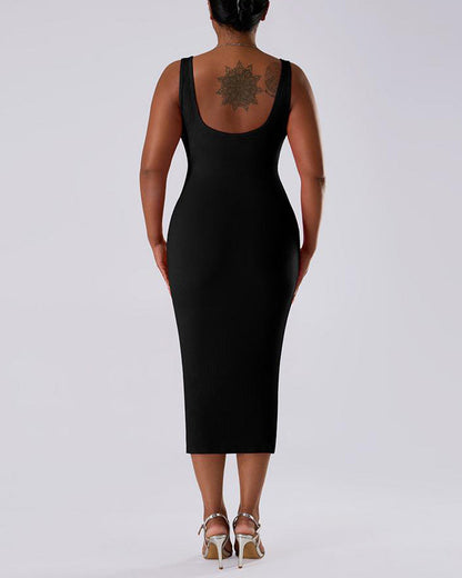 Solid Color Sleeveless Waist and Hip Lifting Long Dress With Built In Shapewear