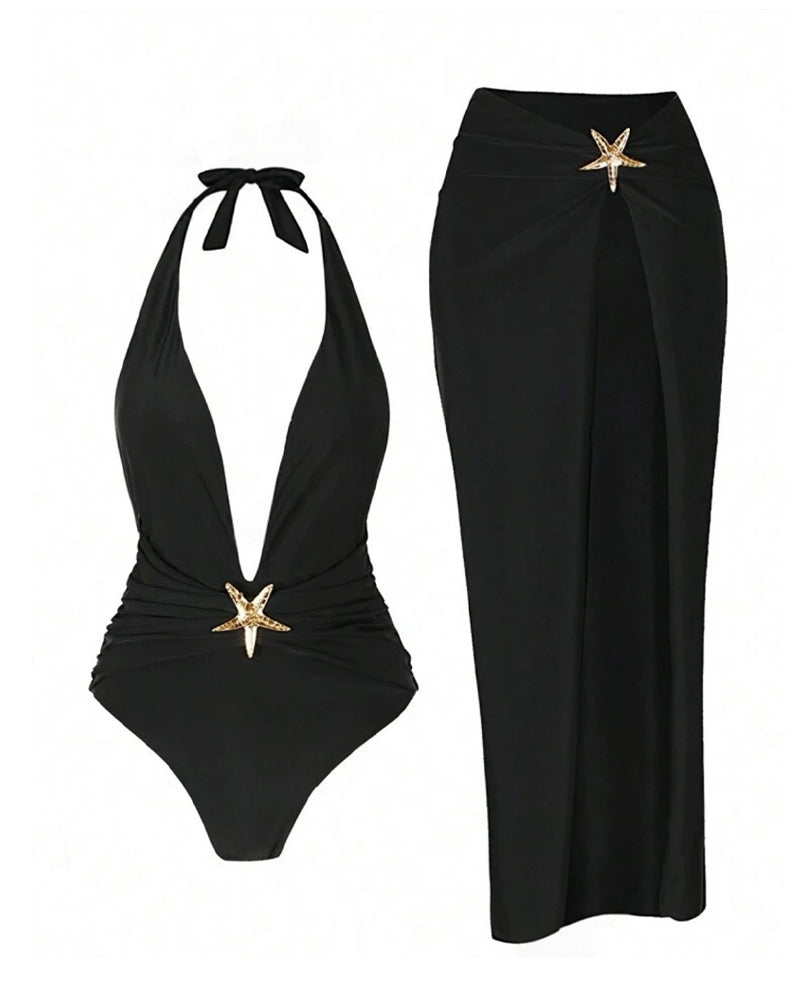 Sexy Deep V Halter Neck Swimsuit and High Slit Skirt Set