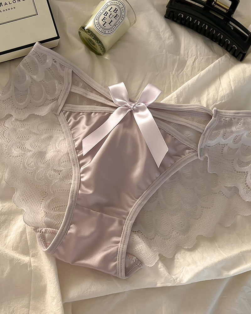 Sexy Low-rise Satin Bow-embroidered See-through Lace Panties