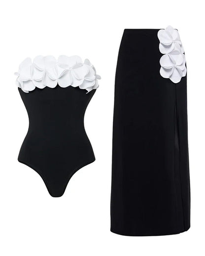 Bandeau 3D Flower One Piece Swimsuit And Skirt