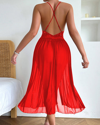 Sexy Deep V-neck Backless Rhinestone Long Slit See-through Mesh Nightgown
