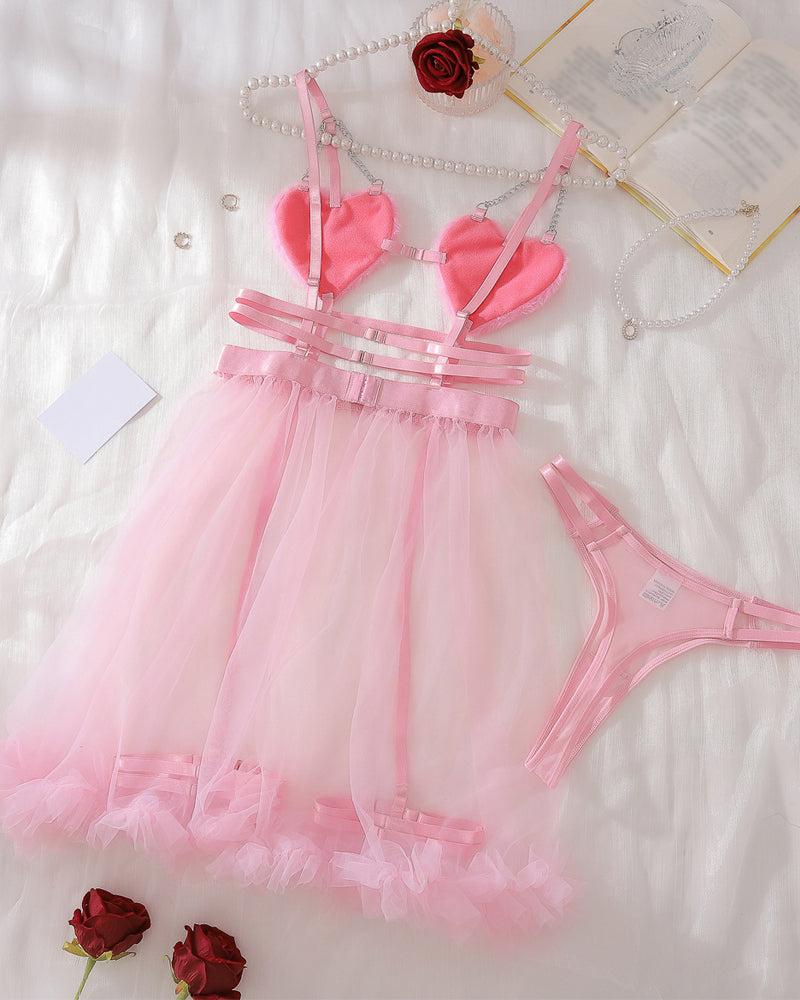 Heart-shaped Cutout Sexy Sheer Mesh Chemise and Thong Set