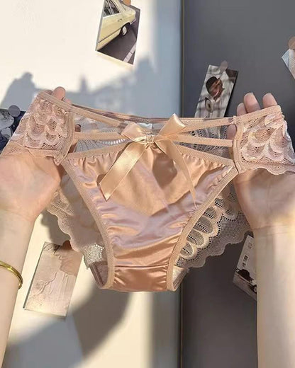Sexy Low-rise Satin Bow-embroidered See-through Lace Panties