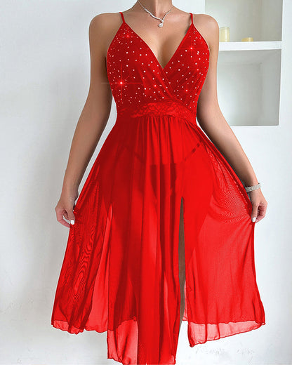 Sexy Deep V-neck Backless Rhinestone Long Slit See-through Mesh Nightgown