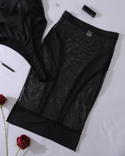 See-through Mesh Strapless Bodysuit with Fitted Skirt Sexy Lingerie Set